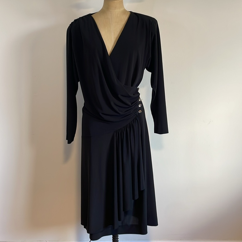 VTG Nuit Black Dress 8 Draped V-Neck Long Sleeve 90s Rhinestone Midi LBD